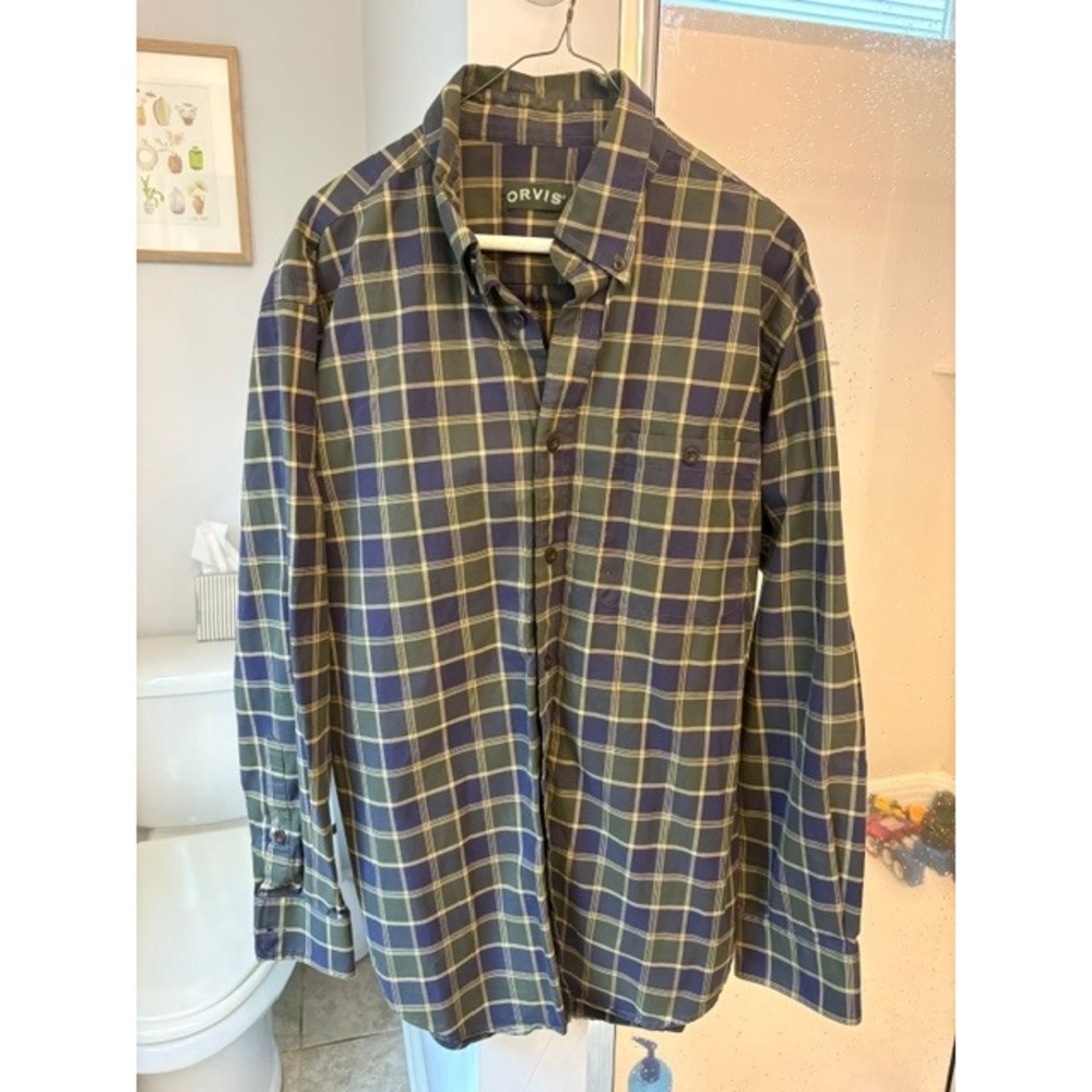 Orvis Men's Large Plaid Button Down Shirt Blue Green Cotton Long Sleeve Casual